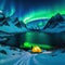 Backpackers See the Northern Lights Lofoten Islands Northern Lights Mountains and Frozen Ocean Winter landscape at Travel to