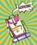 Backpacking retro illustration. Backpack with comic speech explosion and vintage colorful rays in modern pop art style. Vector