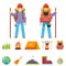 Backpaker Character Mountain Travel Trip Vacation Man Wood Summer Spring Concept Flat Design Isolated Icon Set Vector