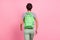 Backside photo of young brown hairdo lady go wear bag white t-shirt jeans isolated on pink color background