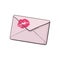 Backside of pink envelope with red lipstick kiss, love letter