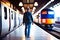 Backside of unrecognizable passenger walking in train station, Generative AI