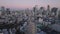 Backwards fly above urban borough. Aerial view of cityscape with tall business towers and color twilight sky. Tokyo