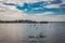 Backwater view with houseboats and blue sky