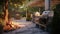 Backyard cozy patio area with wicker furniture set. generative AI image