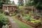 backyard with flower beds, vegetable patches, and chicken coop