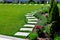 Backyard garden with a flower bed.