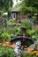 backyard garden oasis with flowers, vegetables, and a fountain