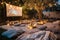 A Backyard Oasis With Pillows and Ambient Lighting, An outdoor movie setup complete with cozy blankets and twinkling lights, AI