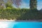 Backyard with outdoor inground residential swimming pool, garden, deck and green hedge sunny day in the summer