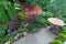 Backyard Patio Landscaping with Red Barn Overview