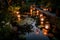 backyard pond surrounded by lanterns, creating a tranquil and serene atmosphere