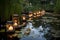 backyard pond surrounded by lanterns, creating a tranquil and serene atmosphere