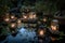 backyard pond surrounded by lanterns, creating a tranquil and serene atmosphere