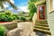 Backyard porch with red french door