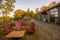 the backyard with a view of the autumn forest - an empty terrace without people, a patio with tables and muskoka chairs