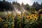 backyard with water sprinklers and sunflowers in the background