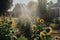 backyard with water sprinklers and sunflowers in the background