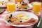 Bacon and eggs with blueberry pancakes