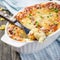 Bacon lovers mac and cheese in baking dish, square