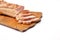 Bacon sliced on white background. pork fat with veins.