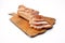 Bacon sliced on white background. pork fat with veins.