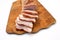 Bacon sliced on white background. pork fat with veins.