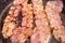 Bacon strips or rashers being cooked in frying pan. Hearty high-calorie breakfast. Fast food, unhealthy food