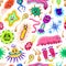 Bacteria characters Seamless pattern. Cartoon Cute germ virus funny infection. Funny bad emotions micro Microbe. Color