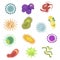 Bacteria and germs colorful set. COVID-19 and Coronavirus. Vector flat style cartoon illustration isolated on white background