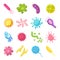 Bacteria and germs colorful set micro-organisms disease-causing objects, bacteria, viruses, fungi. Vector isolated