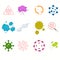 Bacteria and germs colorful set, micro-organisms disease-causing objects, different types, bacteria, viruses, fungi, protozoa
