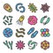 Bacteria, microbe, virus colorful vector icon set with outline