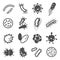 Bacteria, microbes icons set isolated on white. Infection, bacillus, pathogen pictograms.