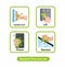 Bacteria virus infection from hand contact in public area and gadget collection icon set in cartoon flat illustration