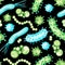 Bacteria and viruses seamless pattern. Watercolor illustration. Isolated on a black background.
