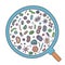 Bacterial microorganism through magnifying glass. Doodle style