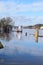 Bad Breisig, Germany - 02 04 2021: Rhine ferry departure area the Rhine during flood