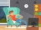 Bad Habit with Man Addicted to Watching TV Sitting in Front of TV Set Vector Illustration