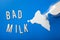 Bad milk word text letters lactose intolerance allergy. milk splatter. avoid dangerous dairy