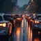 Bad weather, car traffic jam, road congestion in rain