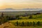 The Badacsony mountain with Lake Balaton and a vineyard in sunset colors in Hungary