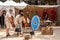 Badalona, Spain-May 7, 2023. Festival recreation of a Roman legion camp, shields, weapons, tents