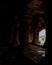Badami cave temple interior look in the dark with beautiful decorated pillars, Karnataka ,India