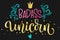 Badass Unicorn hand drawn isolated colorful gold foil calligraphy text on dark background