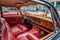 BADEN BADEN, GERMANY - JULY 2019: red leather wooden interior of JAGUAR MARK X 420G 1961 1970 sedan limousine, oldtimer meeting in