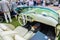 BADEN BADEN, GERMANY - JULY 2019: white leather interior of beige KAISER DARRIN cabrio roadster 1954, oldtimer meeting in Kurpark