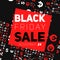 Badge with Black Friday Sale vector illustration. Background with randomly placed symbols of dollar, euro, percent, cent