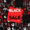 Badge with Black Friday Sale vector illustration. Background with randomly placed symbols of dollar, euro, percent, cent