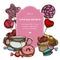 Badge design with colored macaron, lollipop, candies, lollipop, eclair, cupcake, cups, donut, cake